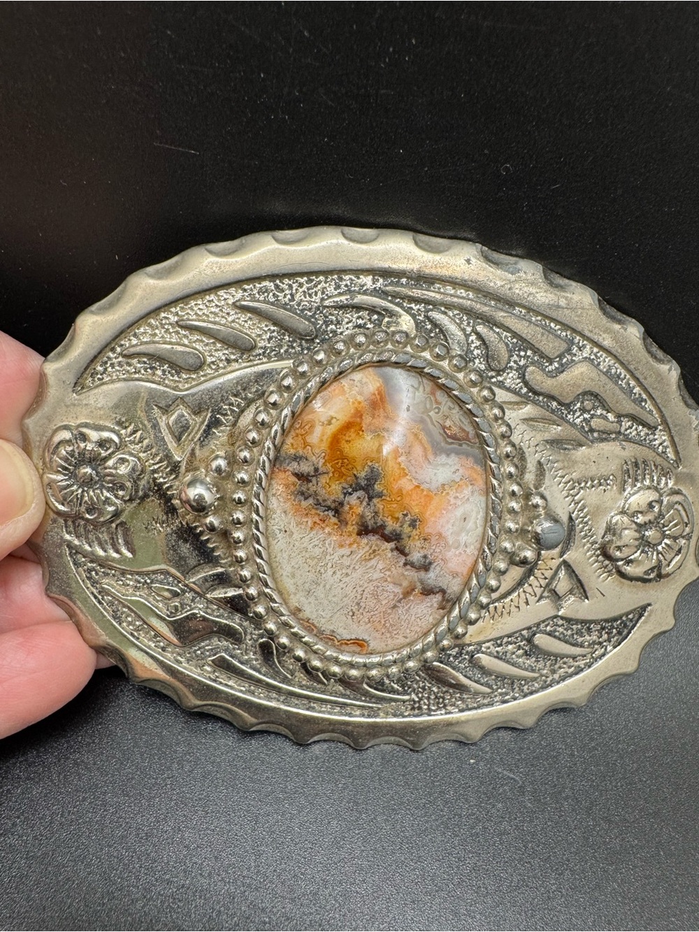 Ornate Oval Western Belt Buckle with Agate Stone